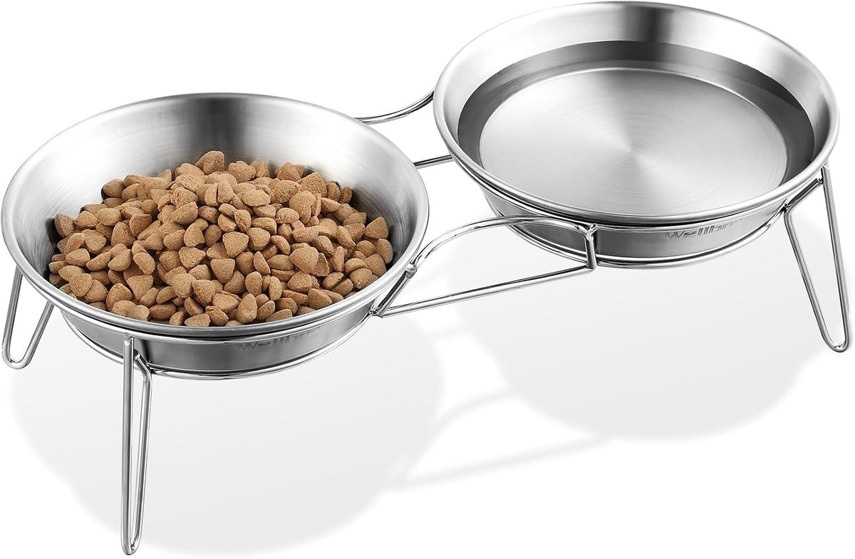 Elevated Cat Bowls, Wide Stainless Steel Cat Food Bowls with Metal Stand Whisker Stress-Free, Raised Food and Water Dish for Cats, Kitten, Puppies and Small Dogs