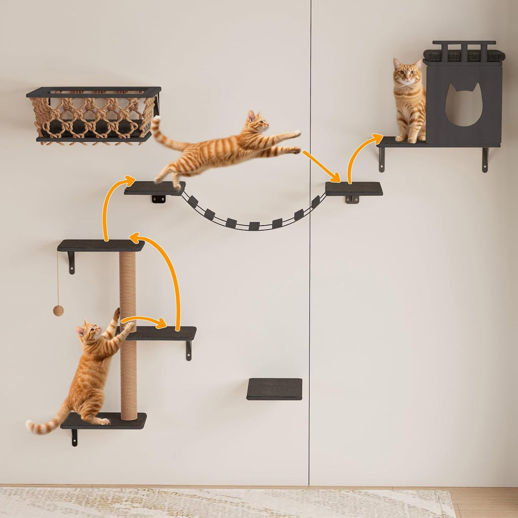 5-in-1 Cat Wall Shelves Set with Hammock, Wall-Mounted Cat Furniture Includes Condo, Bridge, Ladder & Steps for Indoor Cats, Safe & Stable (Dark Gray)