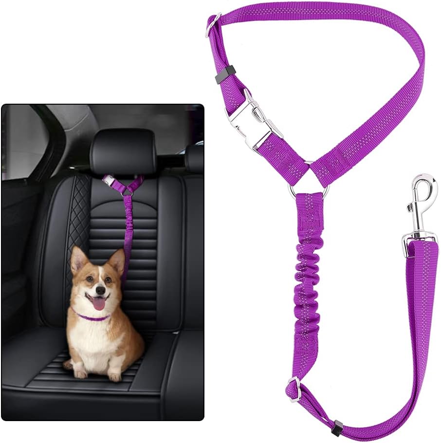 Plutus Pet Dog Seat Belt for Car Headrest, Reflective with Elastic Bungee