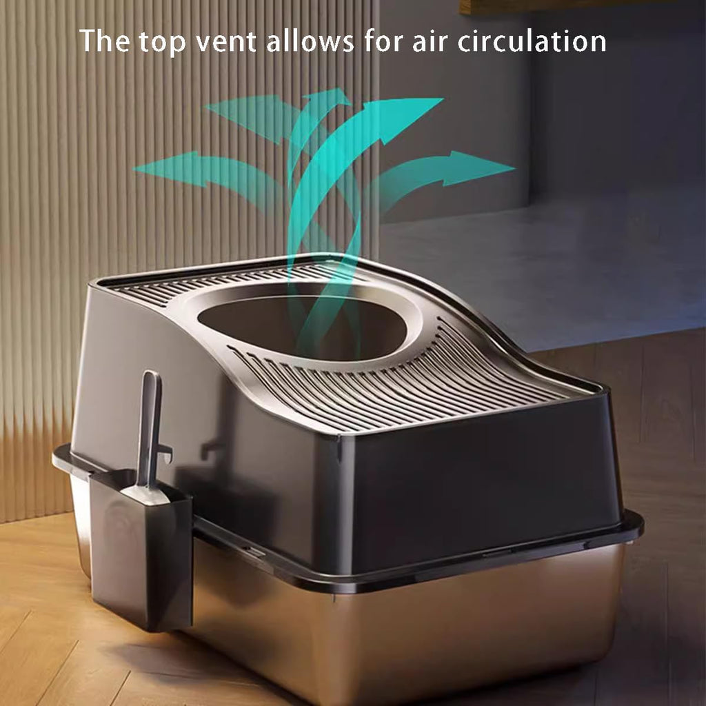 SOUJOY Stainless Steel Cat Litter Box with Lid, Extra Large Top Entry Litter Boxes for Big Cats, Enclosed Removable Metal Litter Box with Scoop and High Wall, Anti-Leakage, Easy Cleaning