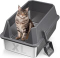 XL Open Top Stainless Steel Litter Box with High Sides, Dark Gray