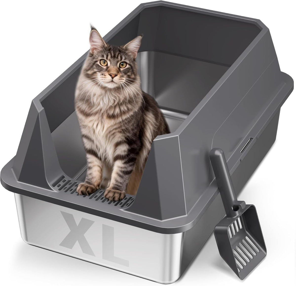 XL Open Top Stainless Steel Litter Box with High Sides, Dark Gray