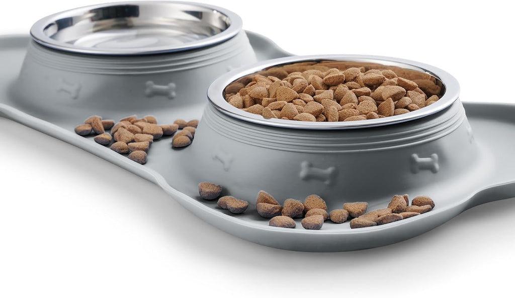Hubulk Pet Dog Bowls 2 Stainless Steel Dog Bowl with No Spill Non-Skid Silicone Mat + Pet Food Scoop Water and Food Feeder Bowls for Feeding Small Medium Large Dogs Cats Puppies (Medium, Gray) 