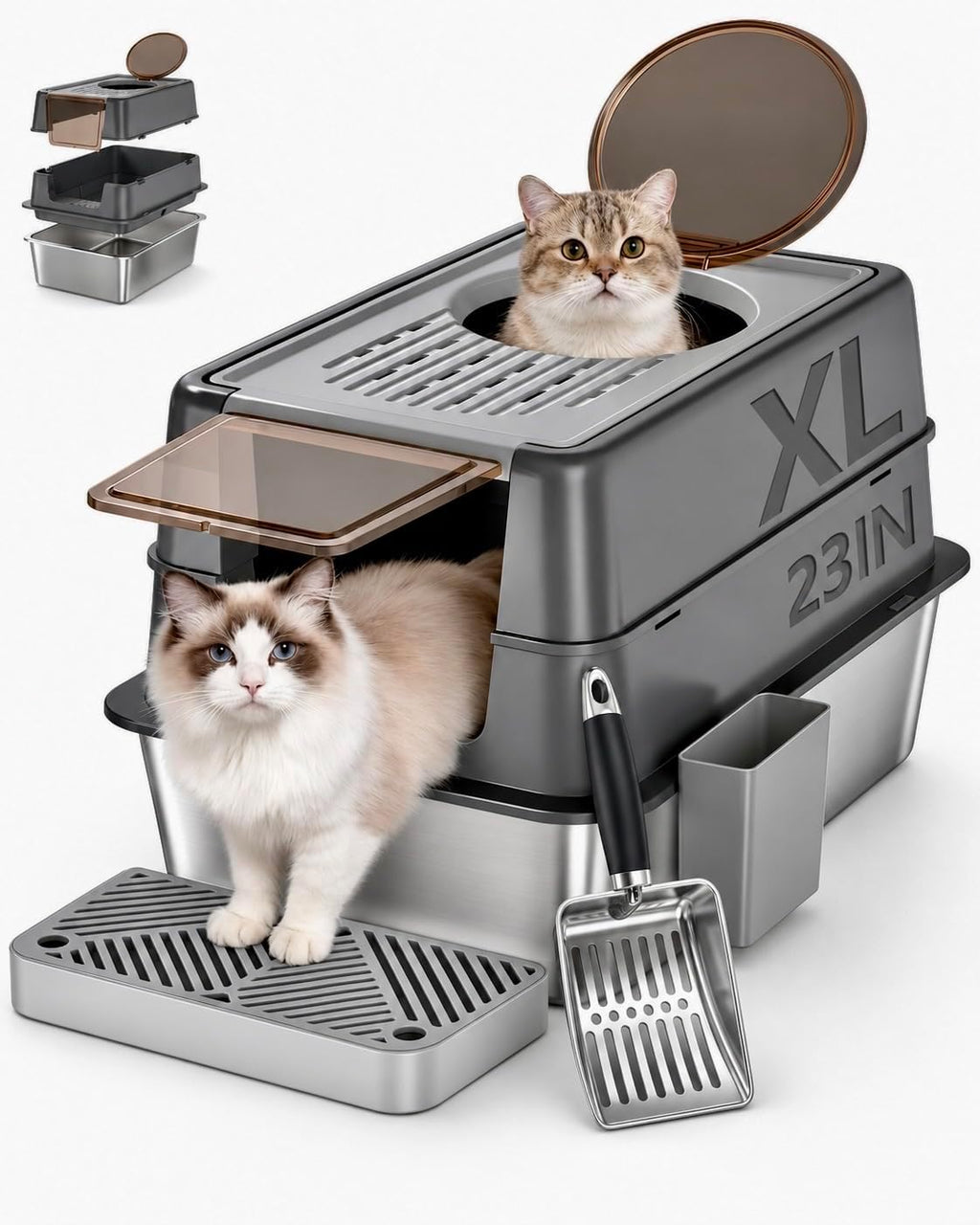 Stainless Steel Cat Litter Box with Lid, XL Enclosed Covered Litter Box for Large Cats, Front Entry Top Exit, High Sided Metal Litter Box, Odor Control, Leak Proof, Scoop & Pedal Included