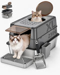 Stainless Steel Cat Litter Box with Lid, XL Enclosed Covered Litter Box for Large Cats, Front Entry Top Exit, High Sided Metal Litter Box, Odor Control, Leak Proof, Scoop & Pedal Included