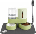 Gravity Cat Feeder 2 Pack Automatic Food Feeder Stainless Steel Water Dispenser Set 360° Rotatable Pet Bowls with Silicone Mat and Brush for Cats Small Medium Dogs, Large Capacity(Green)