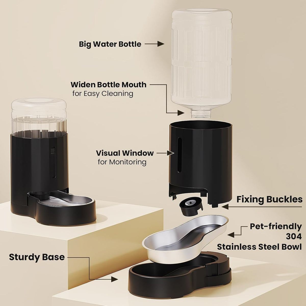 CZPET Gravity Dog Water Bowl Dispenser, Wider Mouth (7L, Black)