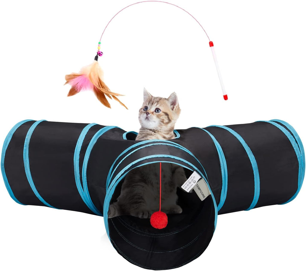 Tempcore Cat Tunnel, 3-Way Collapsible Toy for Indoor Cats, Black & Blue | 3-Way Cat Tunnel with Peek Holes, Hanging Ball and Teaser Wand, Collapsible Design for Play, Hiding, Chasing and Exercise