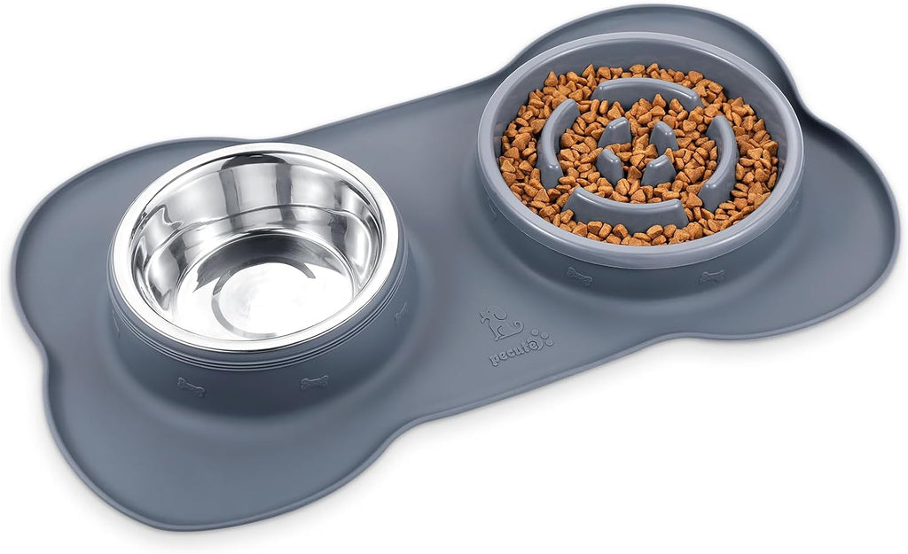 Pecute Slow Feeder Dog Bowls to Slow Down Eating, Dog Slow Feeder Bowl | No-Spill Non-Skid Silicone Mat, Food-Grade Safe Dog Food Bowls Slow Feeder, Stainless Steel Dog Water Bowl for Dogs Cats（L) 