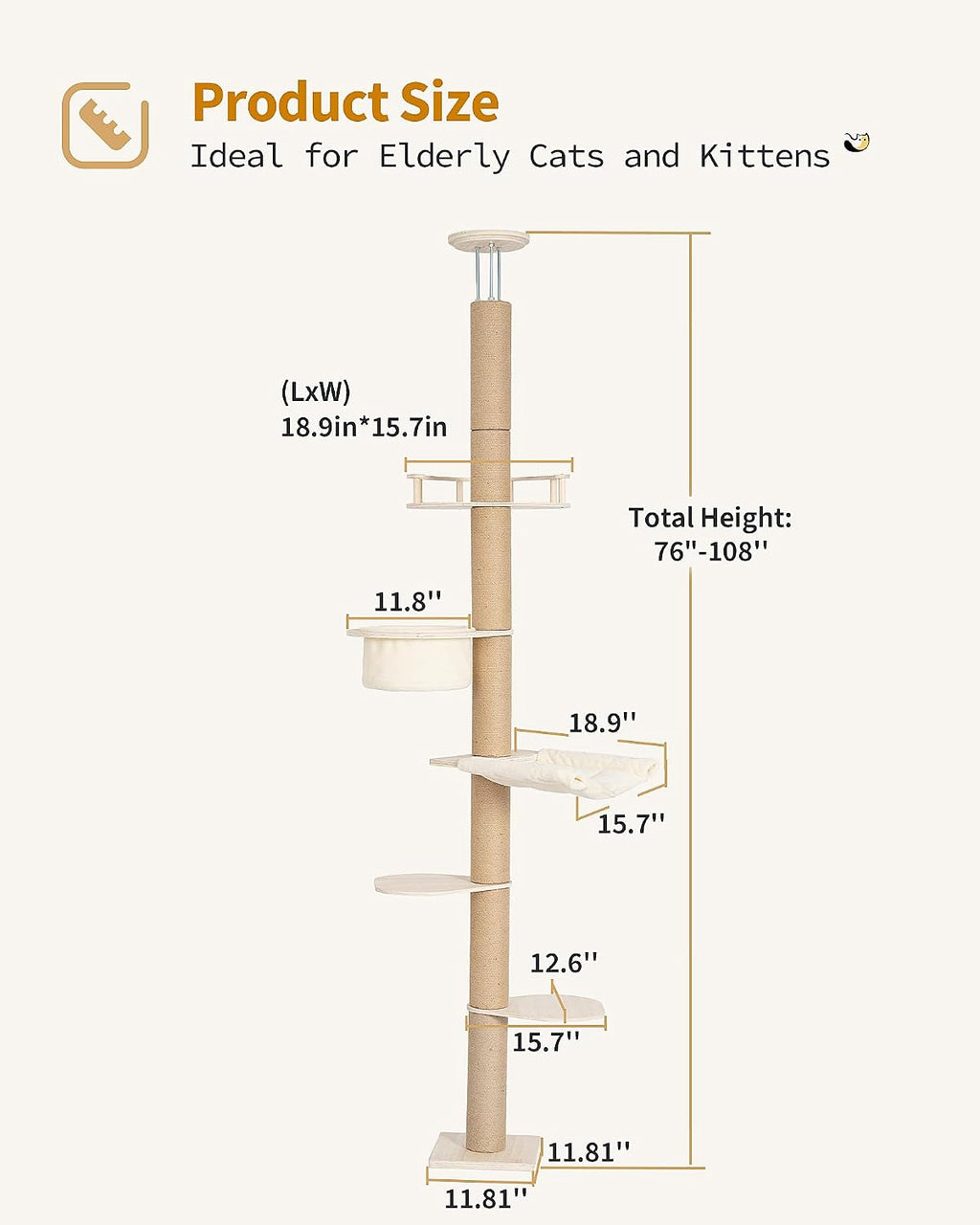 Aechonow 9ft Floor to Ceiling Cat Tree for Large Cats, 5'' Deep Hammock