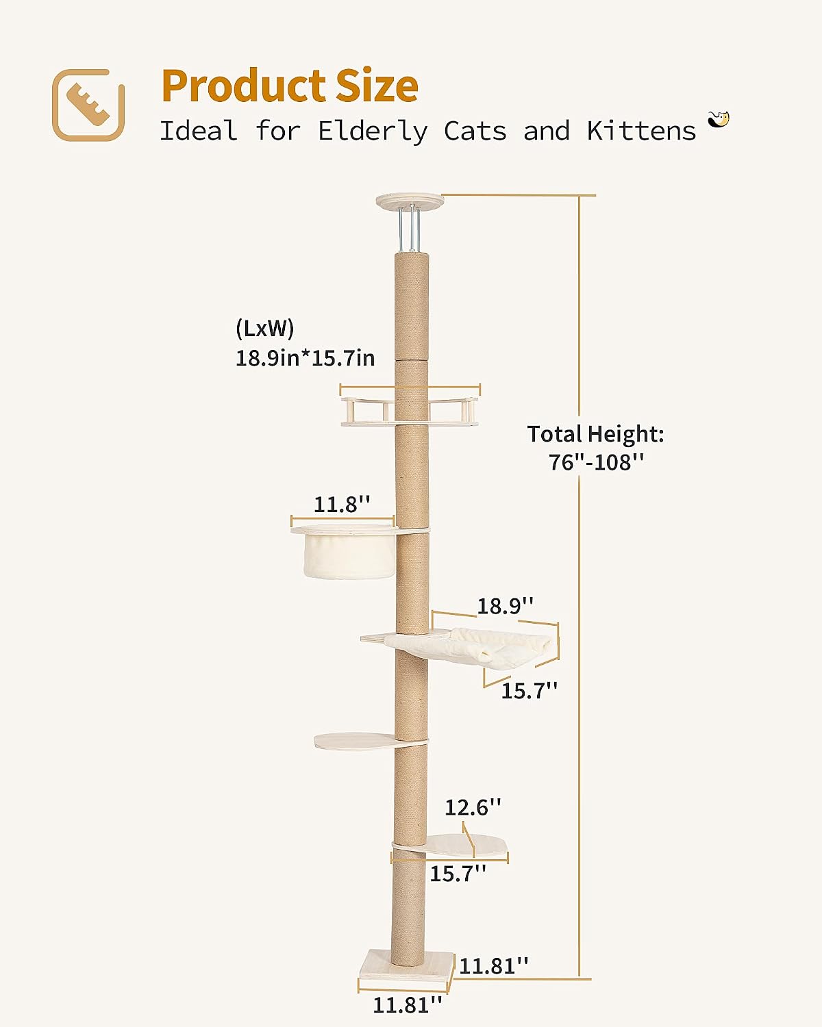 Aechonow 9ft Floor to Ceiling Cat Tree for Large Cats, 5'' Deep Hammock