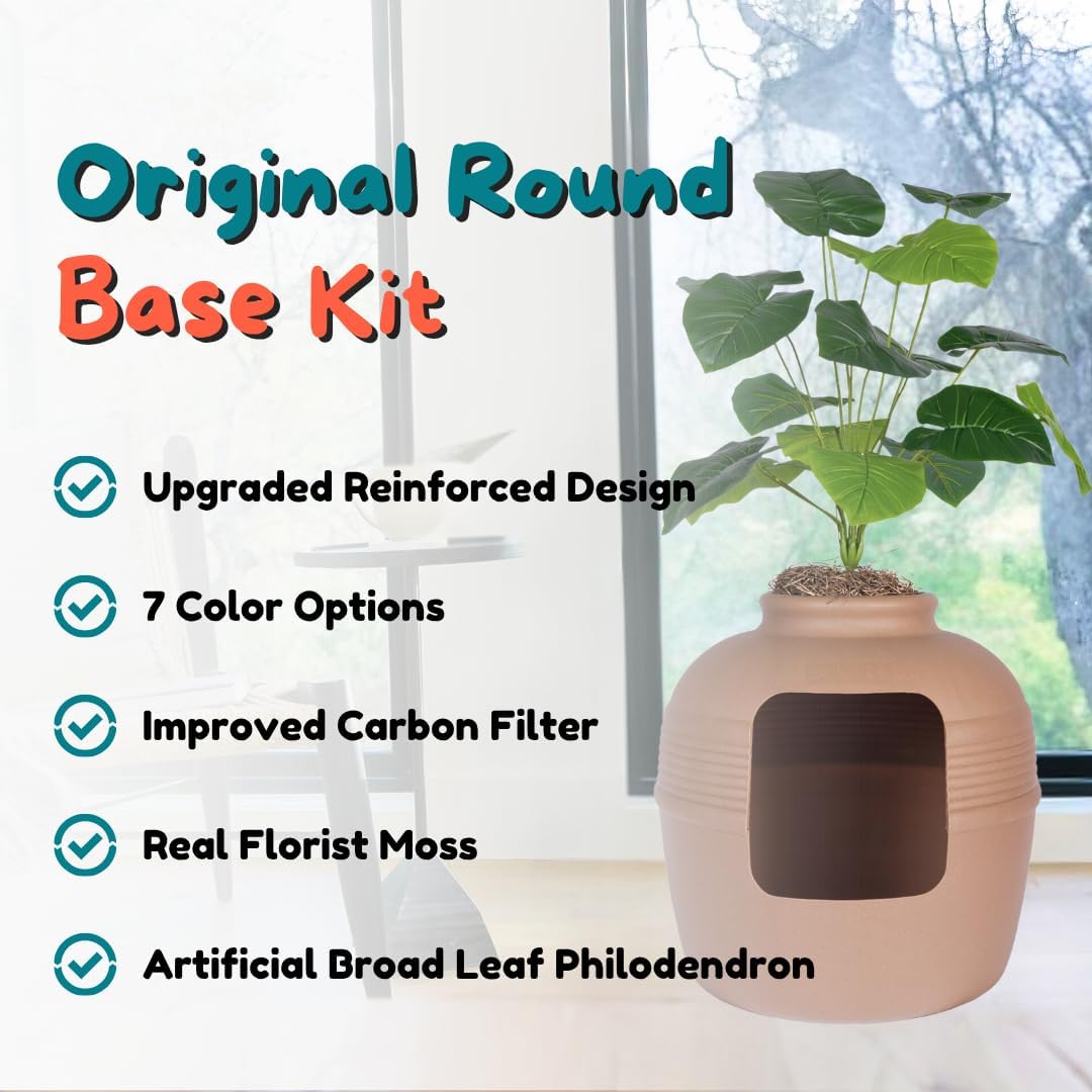 Good Pet Stuff Original Hidden Litter Box Planter, Decorative Cat Litter Enclosure, Carbon Filter, Faux Plant, Round Design, Easy to Clean, Base Kit, Broad Leaf Philodendron, Terracotta Brown