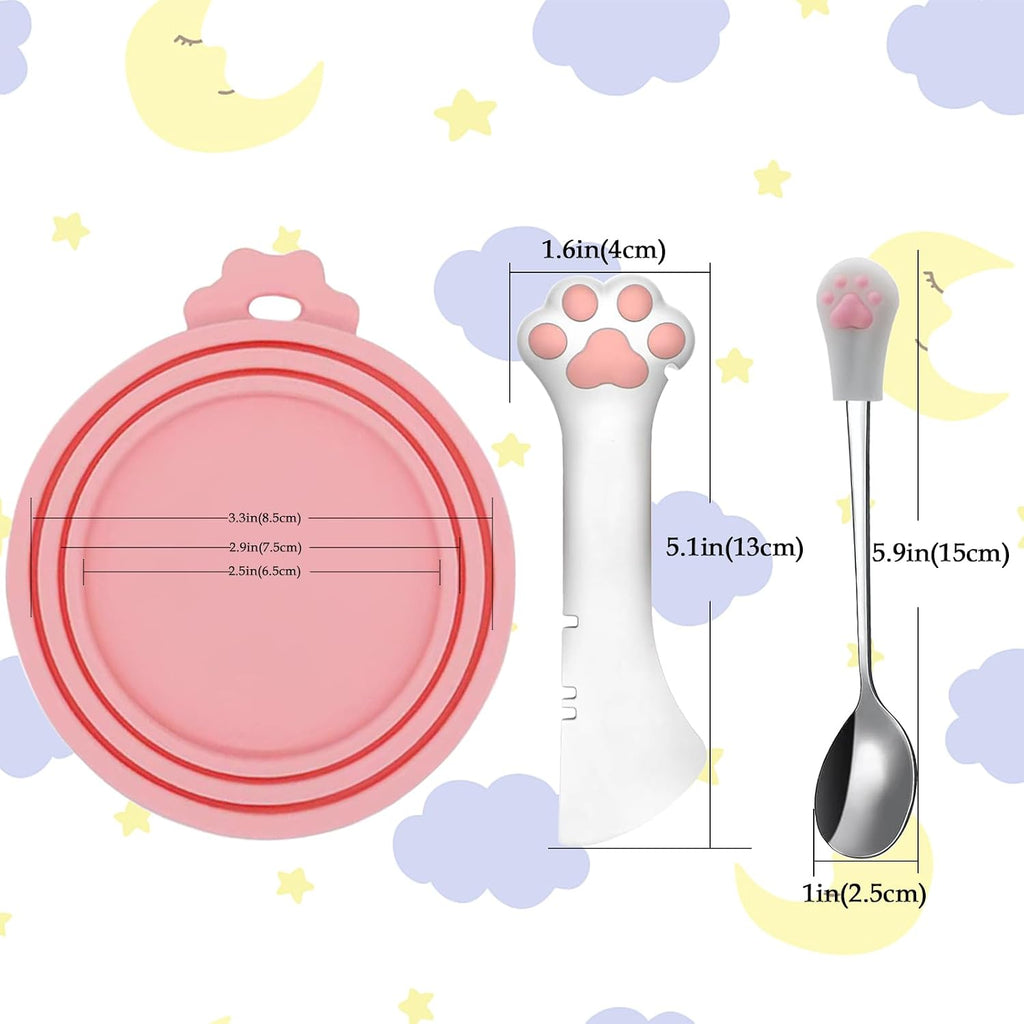 SJANE Cat Food Can Spoons & Can Lids | 4 Pcs | Multi-function Opener | Silicone Pet Food Covers | Stainless Steel Wet Food Spoon for Cats and Dogs(Pink)