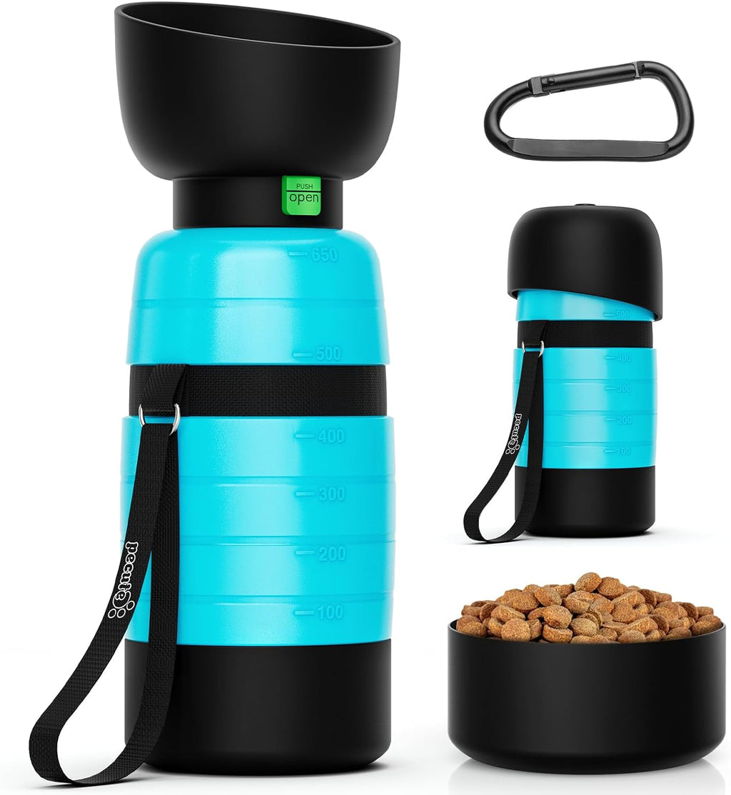 Pecute Upgraded 22 oz Dog Water Bottle with 5 oz Food Container, Portable Dog Travel Water Bottle Dispenser, Leakproof, BPA Free, Lightweight, Pet Water Bottle Bowl for Outdoor Walking Hiking Camping | Portable, Leakproof, BPA Free, Foldable bowl, Ligh...