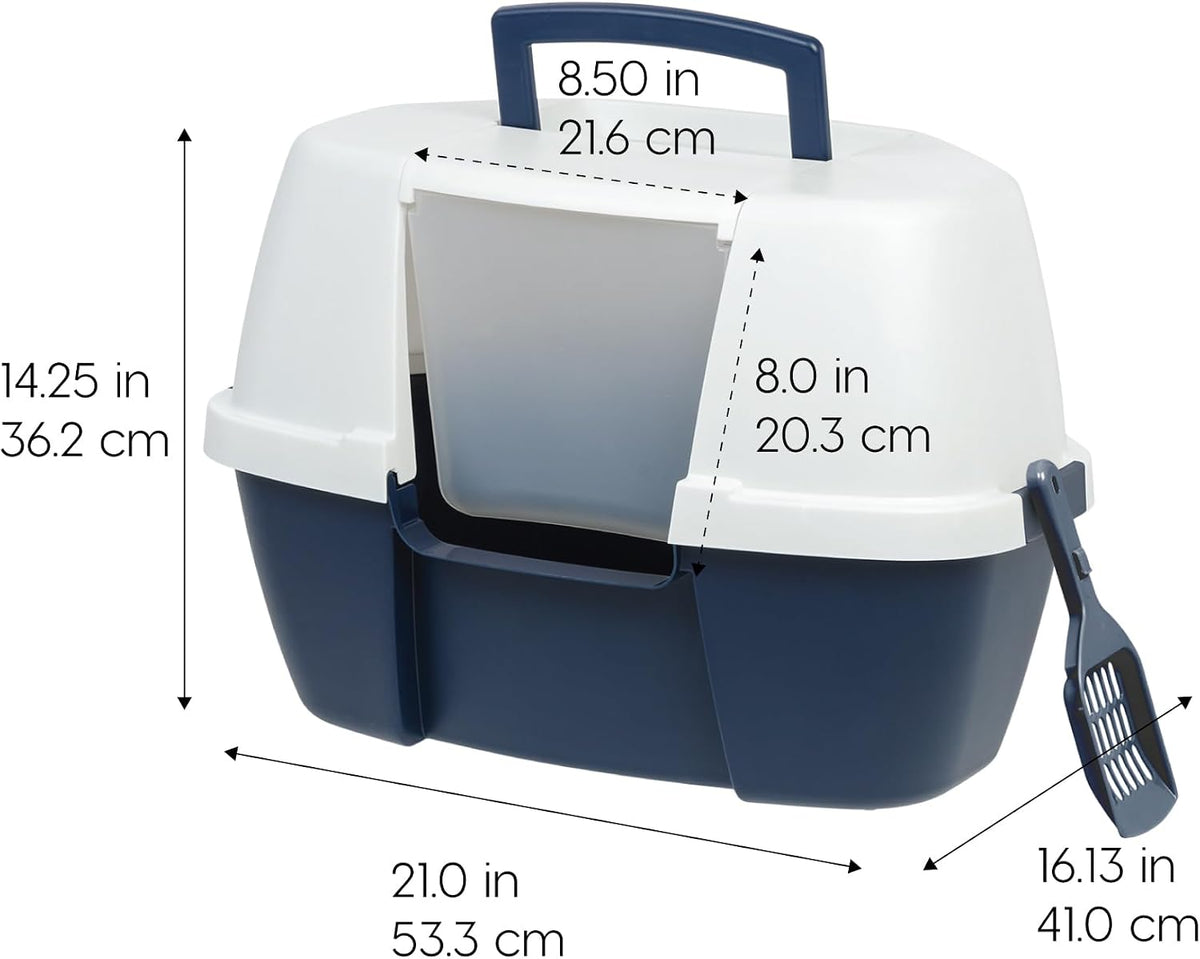 IRIS USA Large Corner Cat Litter Box, Space Saver, Navy/White | Small Apartments, Triangular Footprint, Compact Triangle Shape, 90-Degree Design, Odor Defensive, Hidden Placement