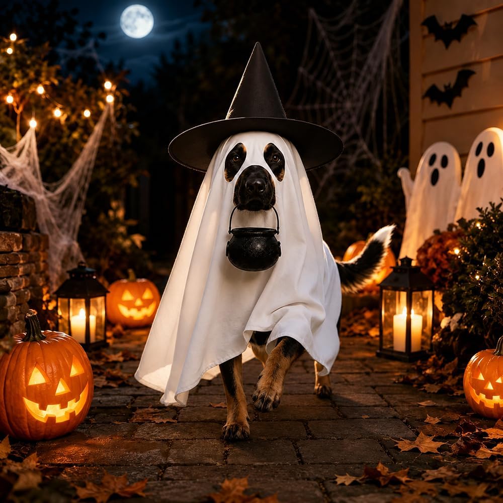 Halloween Dog Ghost Costume Pet Ghost Cape Hat Witch Candy Pot for L XL