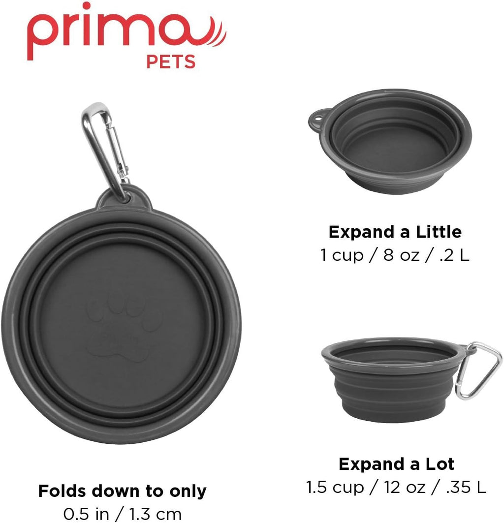 Prima Pet Collapsible Silicone Water Travel Bowl with Clip for Dog and Cat, Portable and Durable Pop-up Feeder for Convenient On-the-go Feeding - Size: Small (1.5 Cups) Grey 