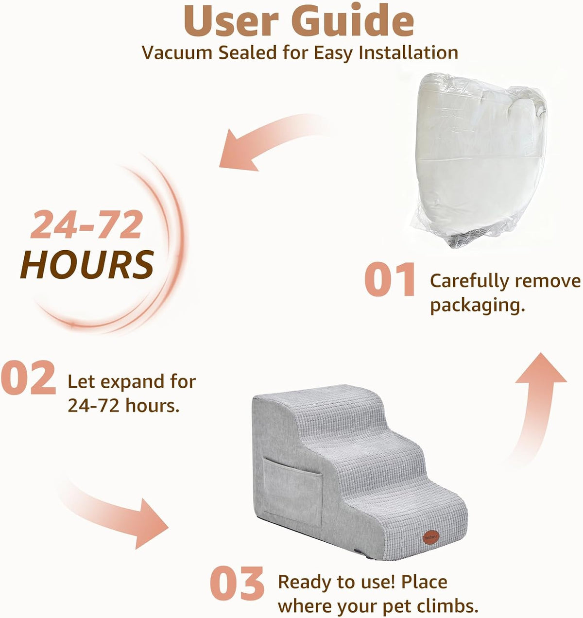 Woochpet 3-Tier Dog Stairs for Beds Foam Ramp Stairs for Couch Light Grey