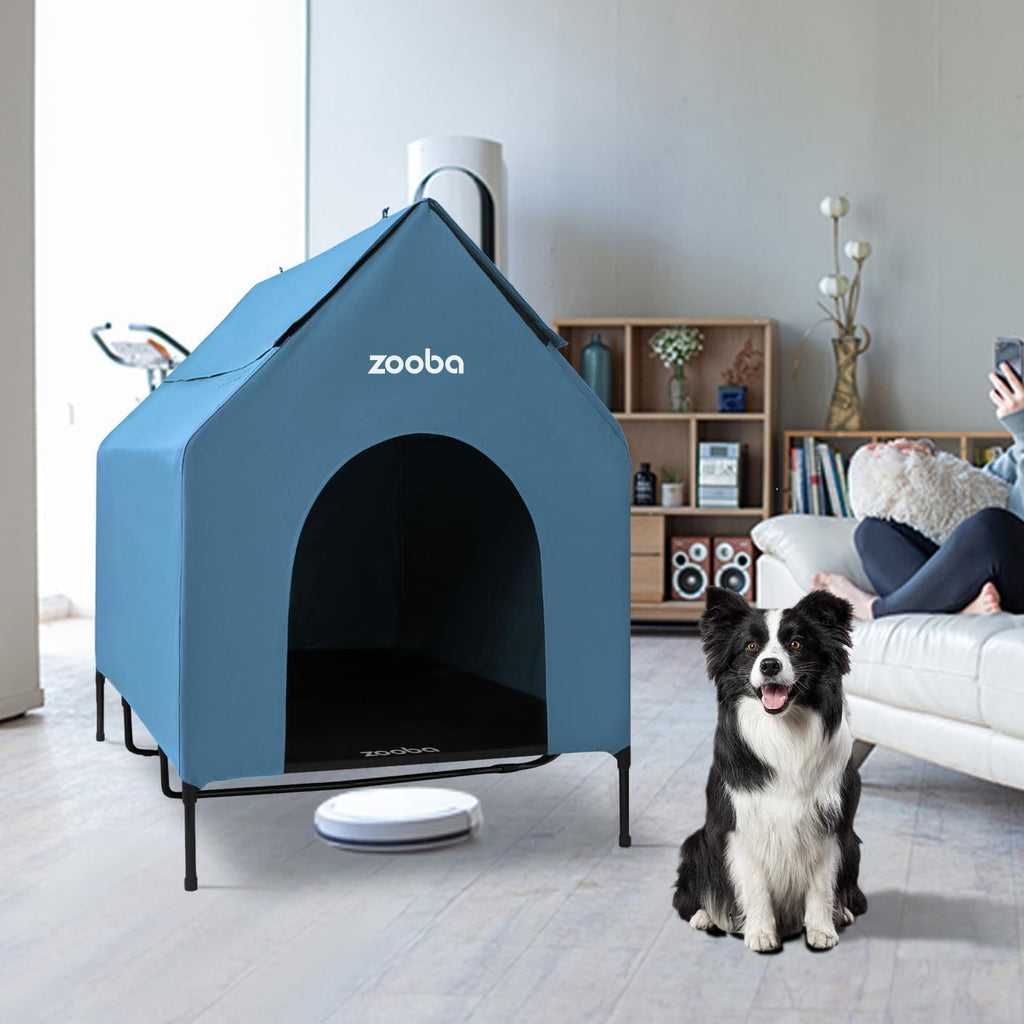 Zooba 48in XL Dog House Outdoor, Elevated Dog Bed with Canopy, Blue