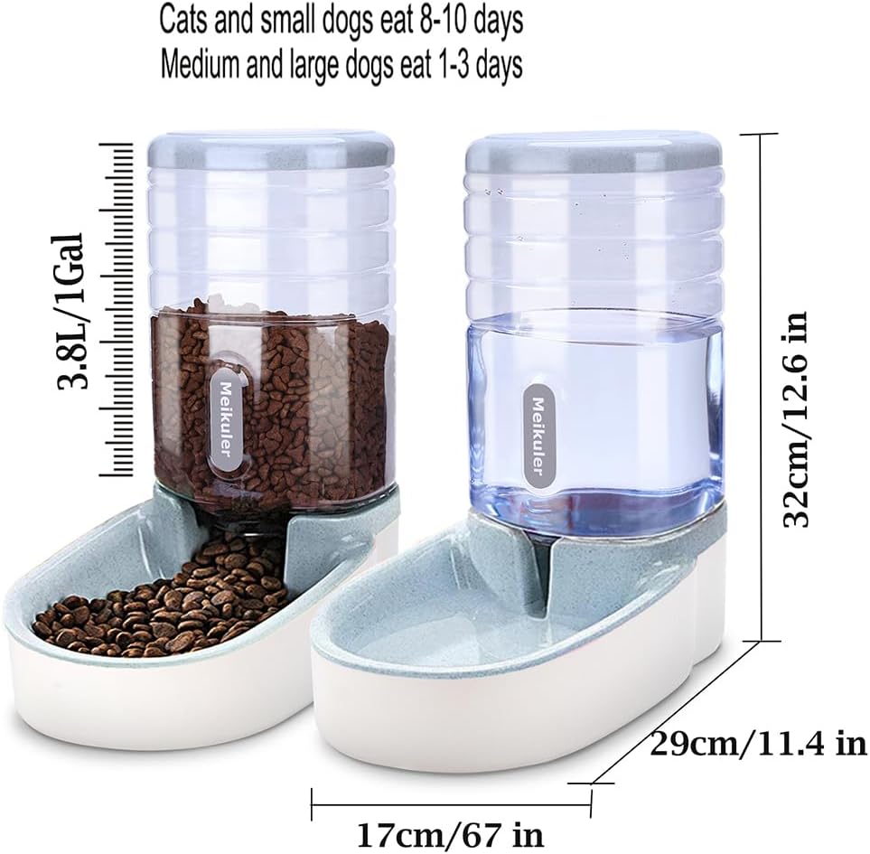 Meikuler Automatic Dog Cat Feeder and Water Dispenser Set,Waterer and Gravity Food Feeder for Small & Medium Dogs Cats Puppies,Large Capacity 1 Gallon x 2 (Grey)