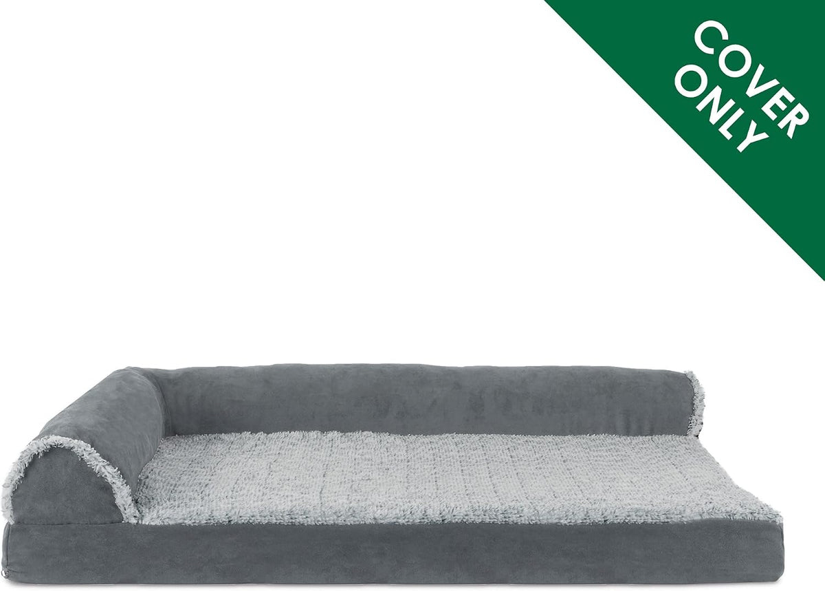 Furhaven Replacement Dog Bed Cover Two-Tone Faux Fur & Suede L Shaped Chaise, Machine Washable - Stone Gray, Medium
