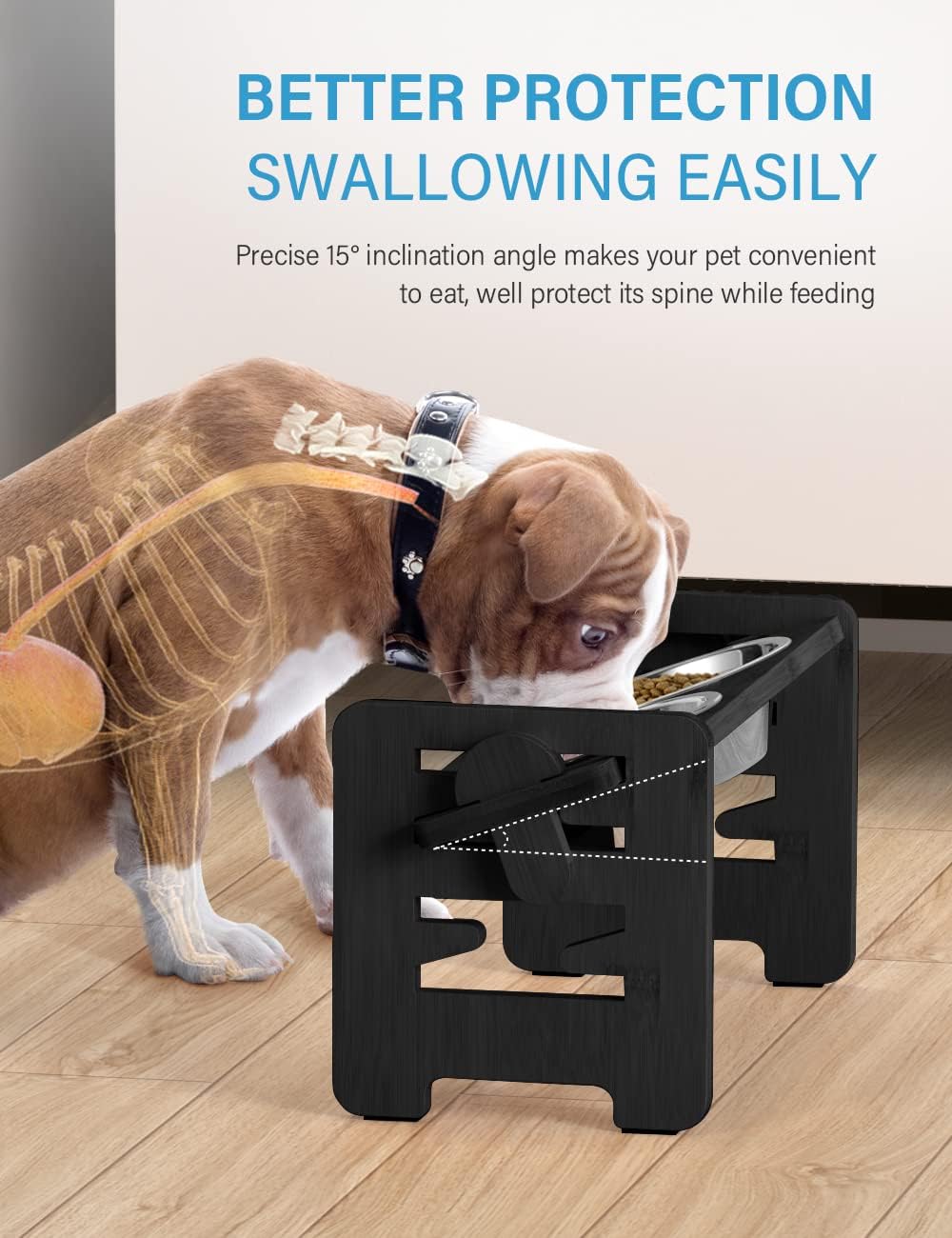 Elevated Dog Bowls, Raised Dog Bowl Stand Adjustable Small, Black | Bamboo Elevated Feeder with 2 Stainless Steel Bowls, Adjustable Height Stand for Small Puppies and Cats