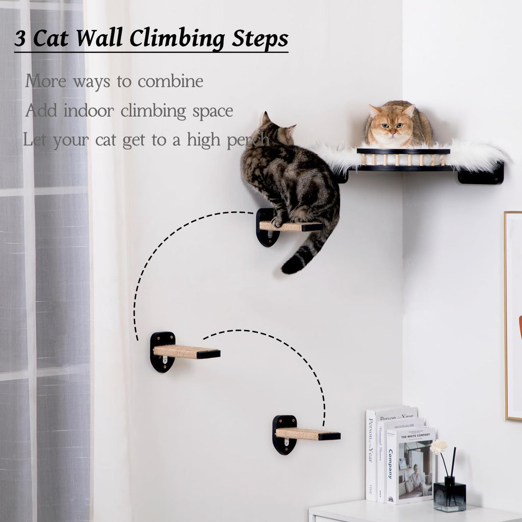 Cat Shelves - 3-Step Wall Climbing Set with Plush Covered Bed, Corner Mounted for Large Cats