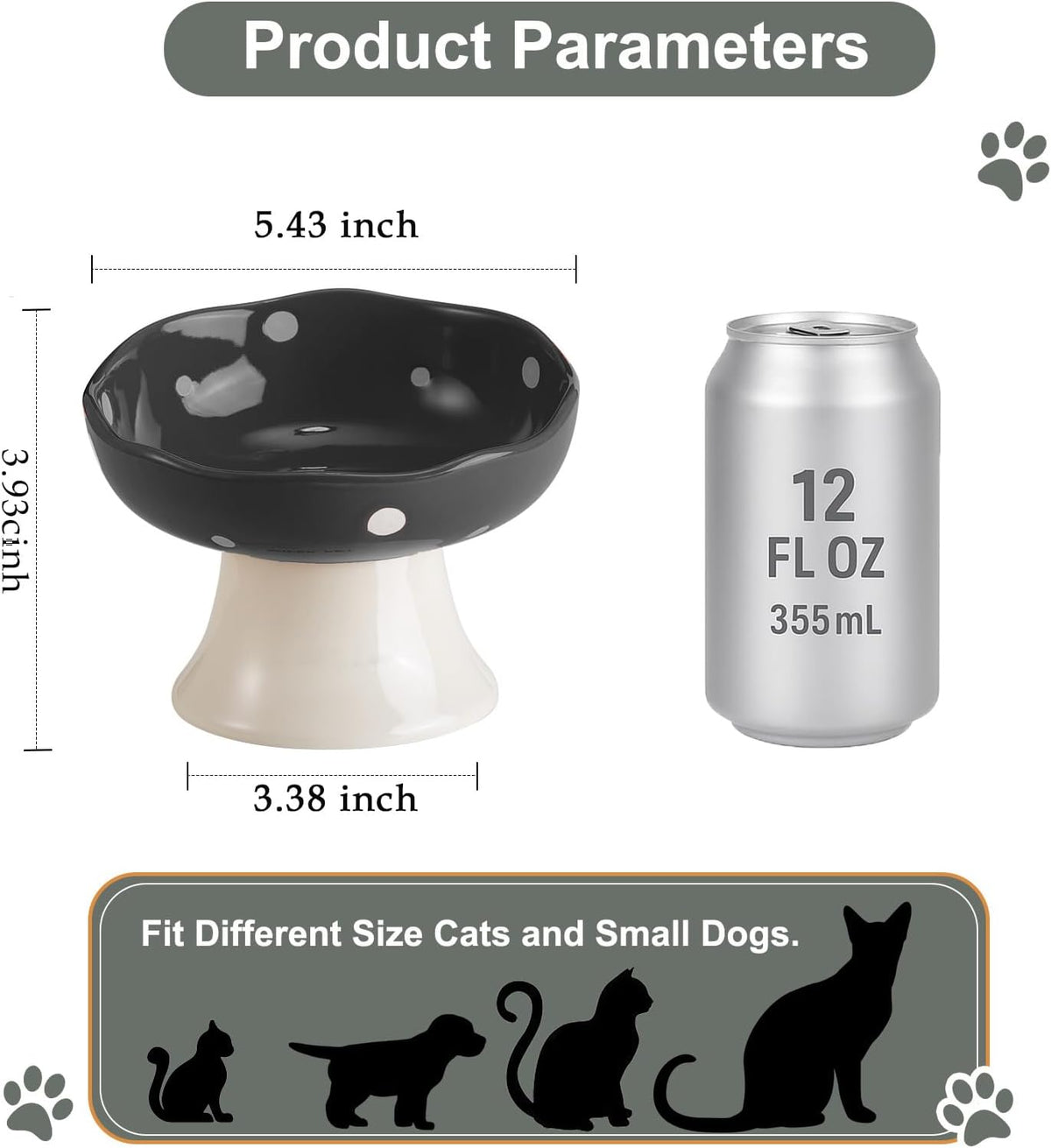 Black Mushroom Cat Bowl, Elevated Ceramic Bowl for Cats | Elevated, Ceramic, Whisker Friendly, Anti Vomitin,Cute Mushroom Design