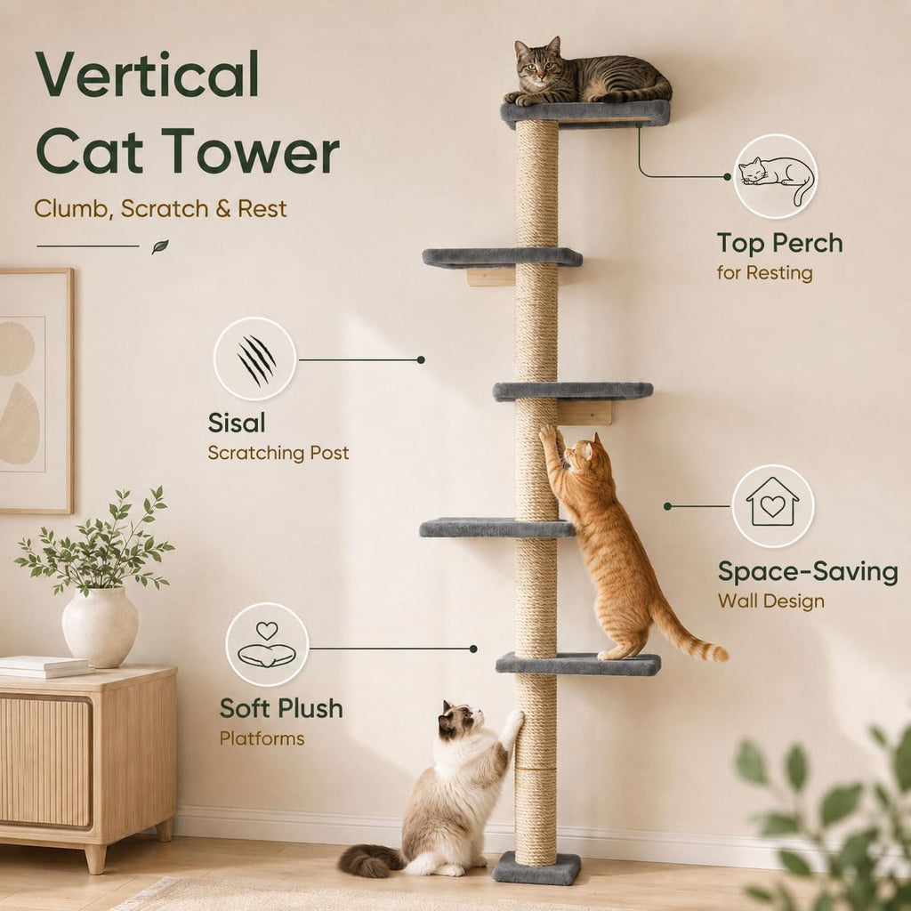80-Inch Wall-Mounted Cat Tree with Scratching Post & 5 Perches