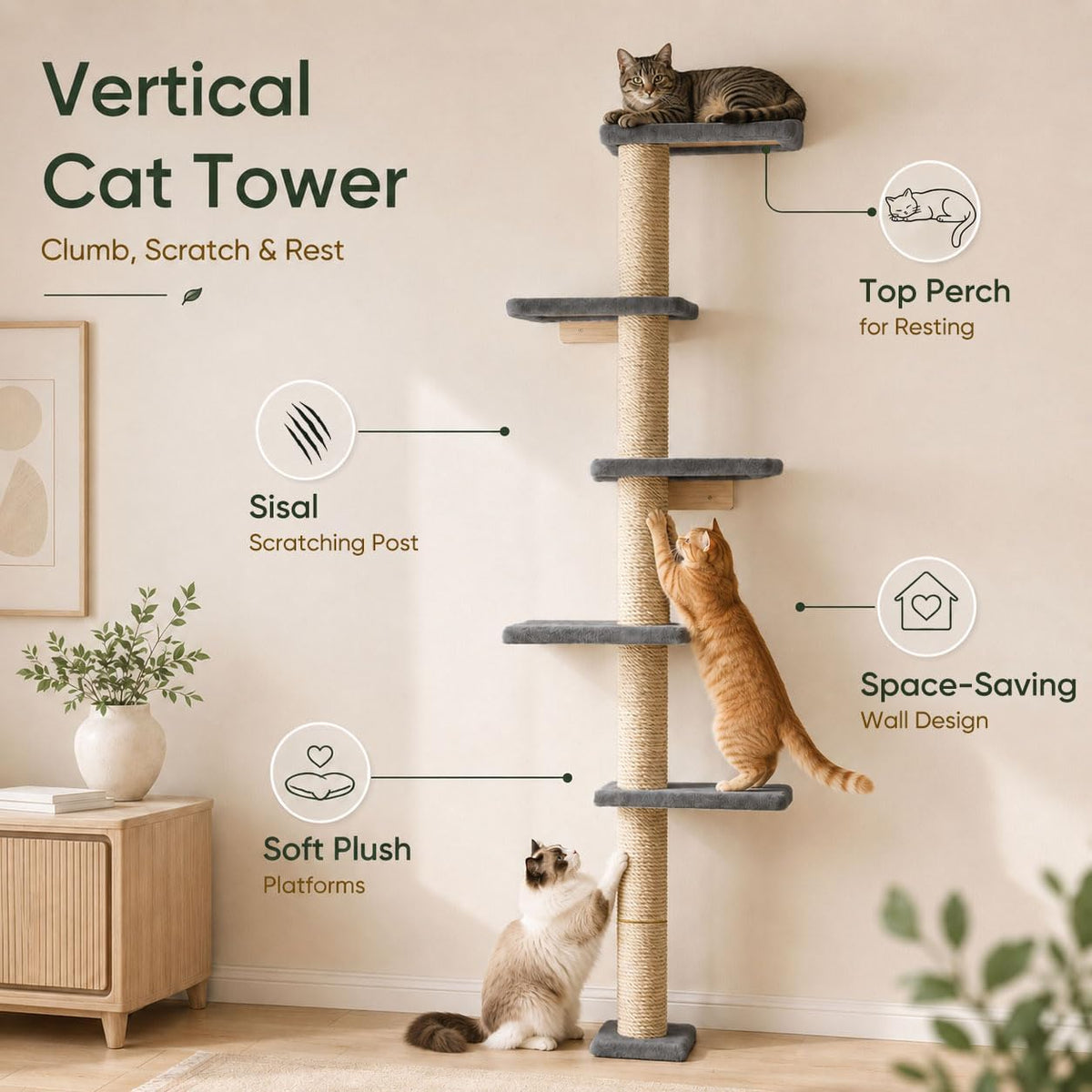 80-Inch Wall-Mounted Cat Tree with Scratching Post & 5 Perches