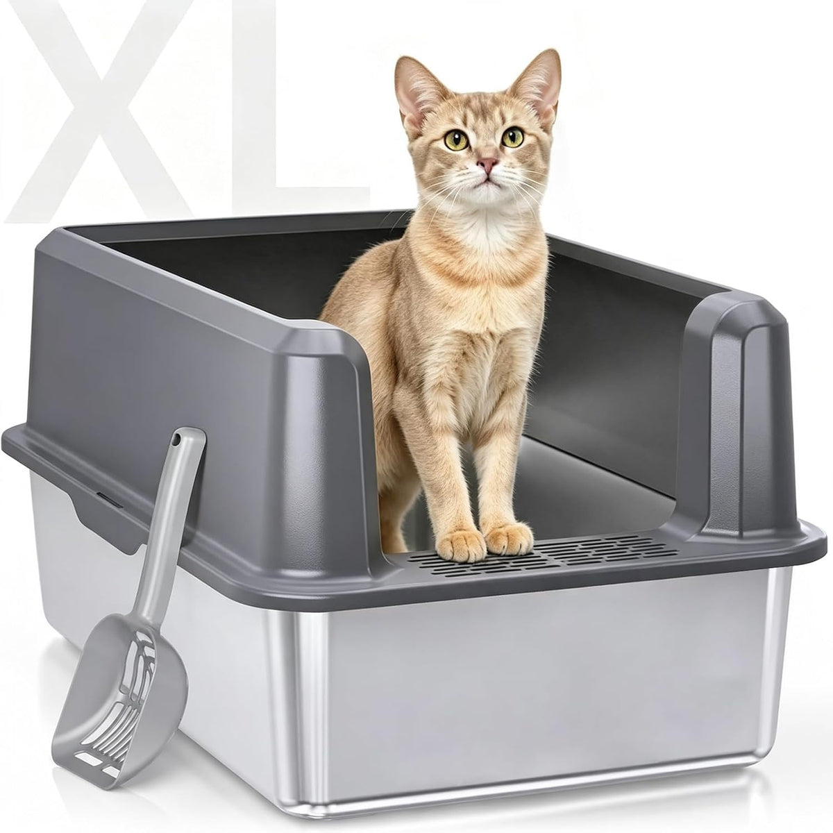 Stainless Steel Litter Box, Open Top High Sided Cat Litter Box for Big Cat | XL, 1 Scoop, Anti-Urine Leakage, Non-Stick Odor-Free, Easy Clean, High Sides Block Spray, Reduce Litter Tracking, Durable