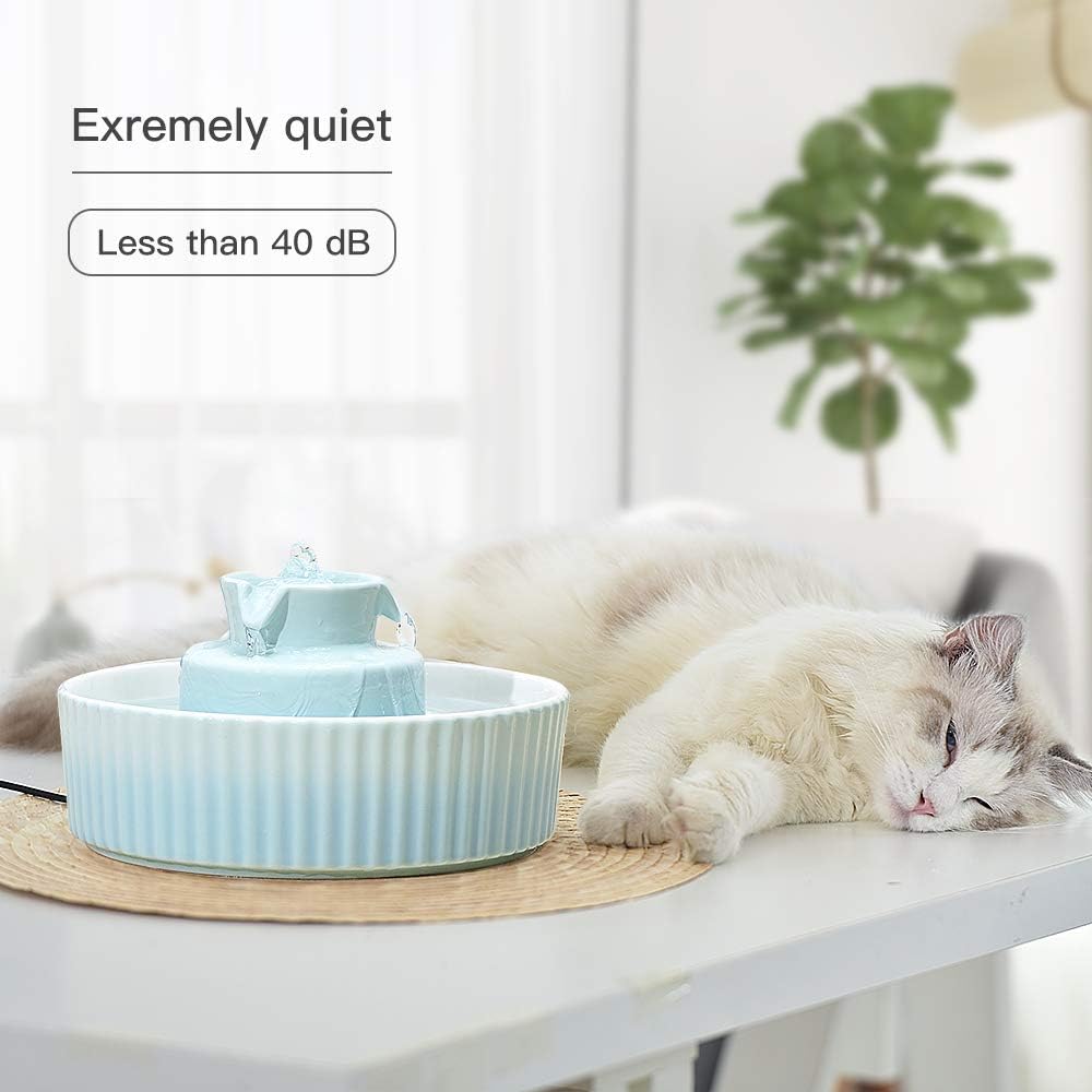 360 Ceramic Pet Fountain, Advanced Porcelain Cat Water Fountain, 70 oz.Drinking Fountains Bowl for Cat and Dogs with Replacement Filters and Foam (Green Blue)