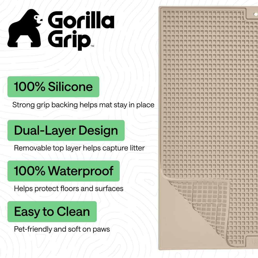 GORILLA GRIP Cat Litter Mat, Dual Layer Silicone Tray, 30x24, Beige