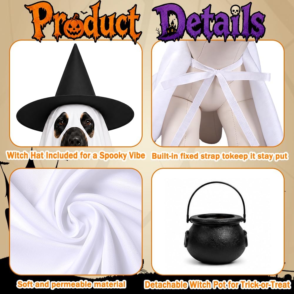 Halloween Dog Ghost Costume Pet Ghost Cape Hat Witch Candy Pot for L XL
