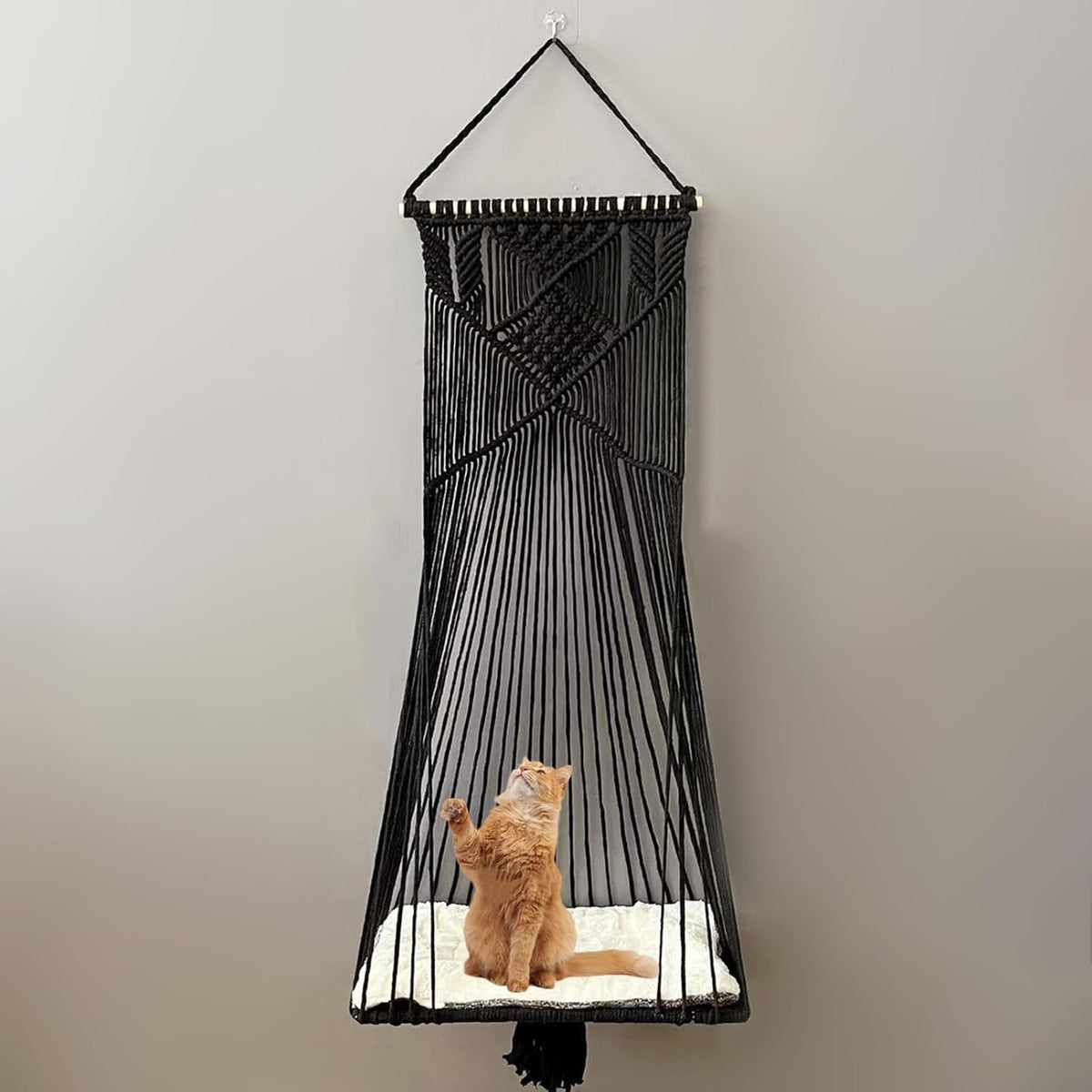 Macrame Hanging Cat Hammock Bed Cat Swing House Space Saving Window Perch with Washed Cotton Cats Toy Tassel Basket Tapestry (Black, Swing Bed+Cushion, XL)
