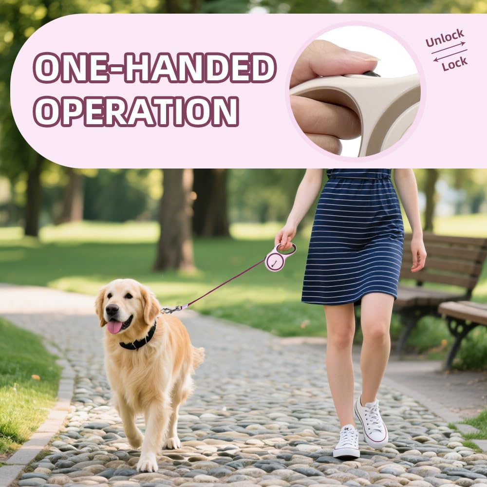 OUTnWILD Retractable Dog Leash - Retractable Dog Leash 16ft for Small/Medium Breeds/Pets Up to 44lbs. 360° Tangle Free Design with One Touch Quick-Lock Braking System&Anti-Slip Handle. (Pink, M)