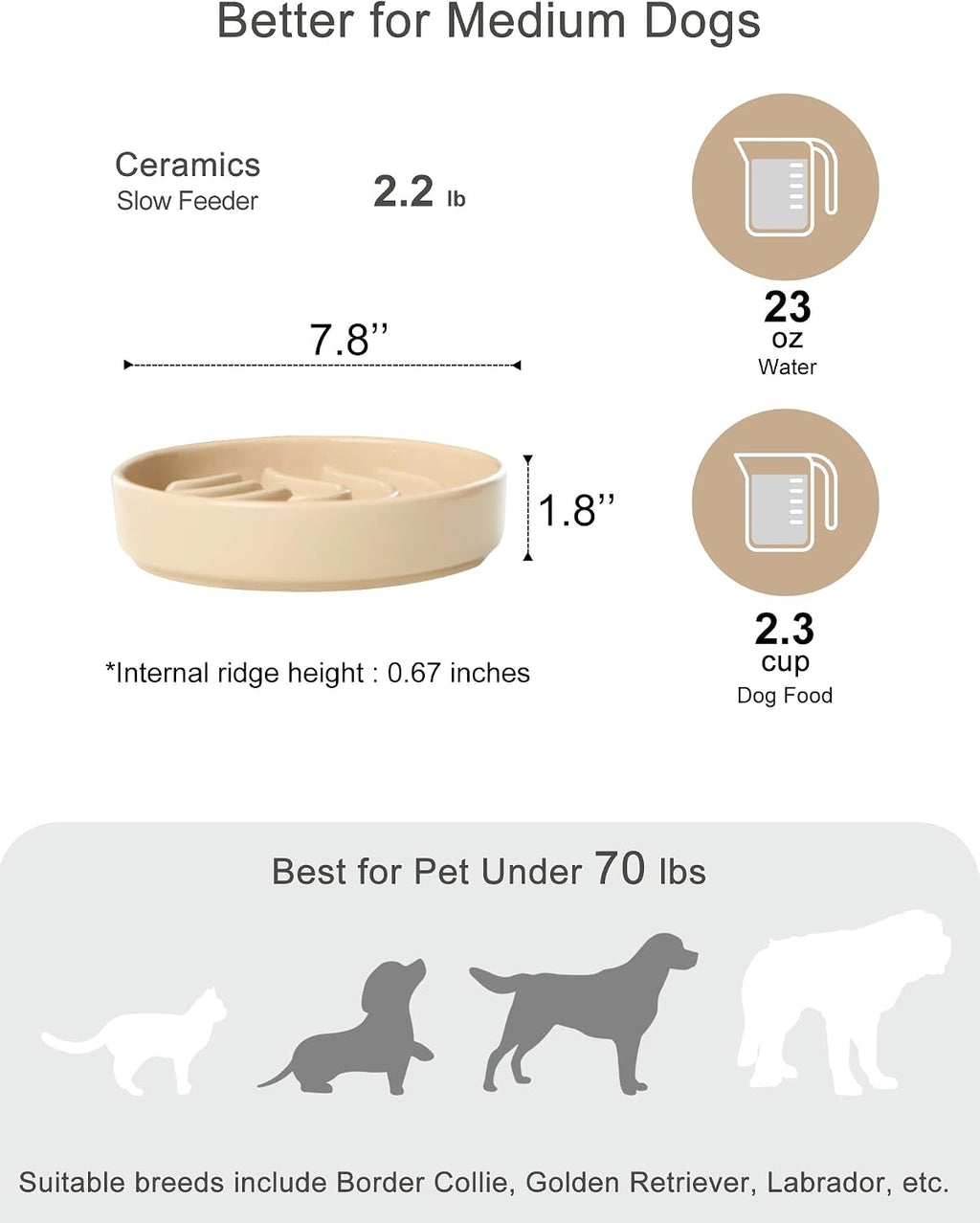 Ceramic Slow Feeder Dog Bowl, Apricot, Medium