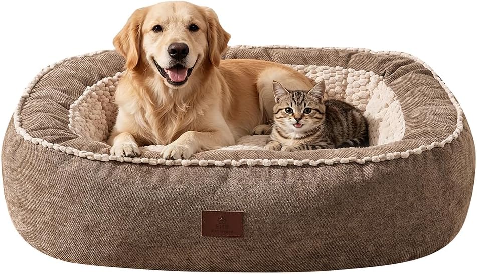 SOMAHE Calming Oval Bolster Dog Bed, Washable Cover, Large 35x28x8 Coffee