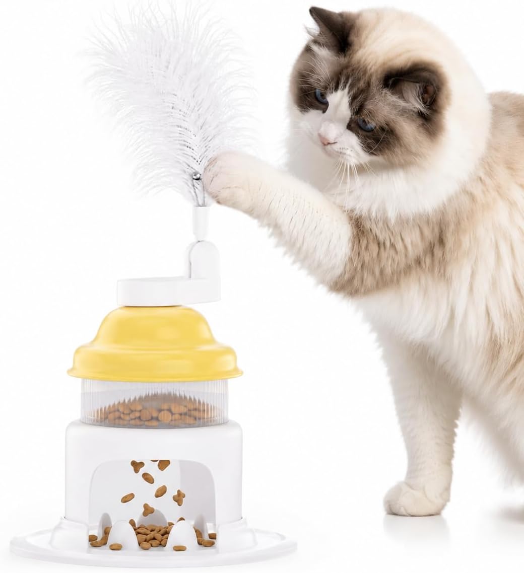 Cat Slow Feeder Toy with Feather Teaser, Interactive Puzzle Feeder for Cats, Mental Stimulation Foraging Toy, Suitable for Dry & Wet Food(Yellow)