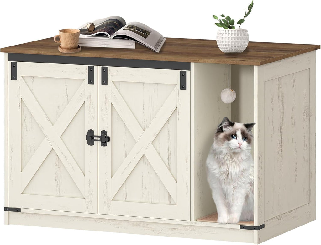 Hzuaneri Cat Litter Box Enclosure, Hidden Litter Box Cabinet Furniture | Indoor Cat House with Bell, Farmhouse Style, 31.5 x 19.7 x 20.9 Inches, for Hallway, Bedroom, Rustic Brown and White CB85214X