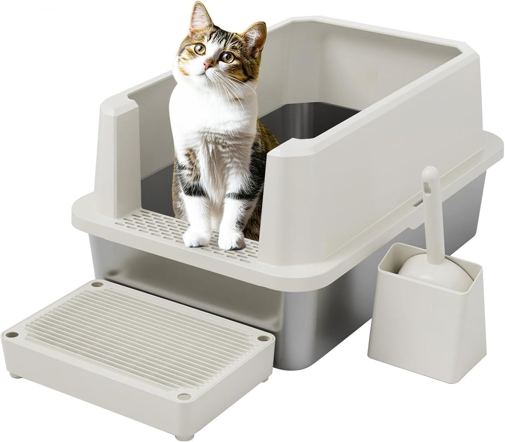 RIZZARI Stainless Litter Box Semi-Closed: Odorless, Large, Easy Clean | High Splash Guard / Non-Stick Steel Pan / 20L Capacity / Raised Step / Fits Any Room / Multi-Cat Use