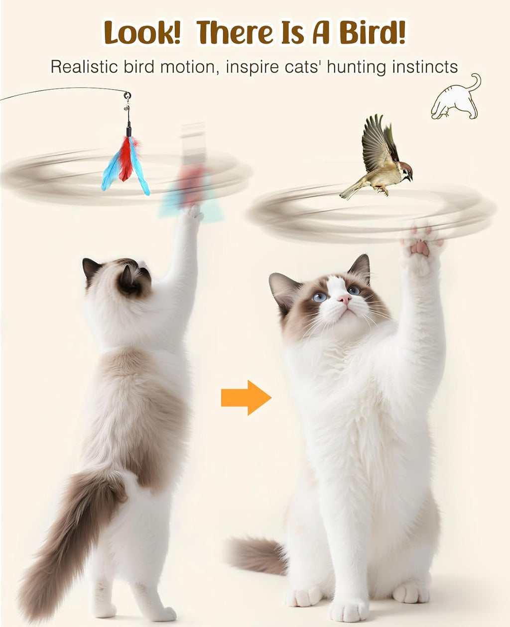 Pawaboo Cat Feather Wand Interactive Toy, 2 Feathers + 1 Wand with Bell | Cat Feather Teaser Toys Flying Catcher Extra Long 34.5" Wand Exerciser Playing Chase Cat Toy Wands for Kitten, Blue&Red Brown