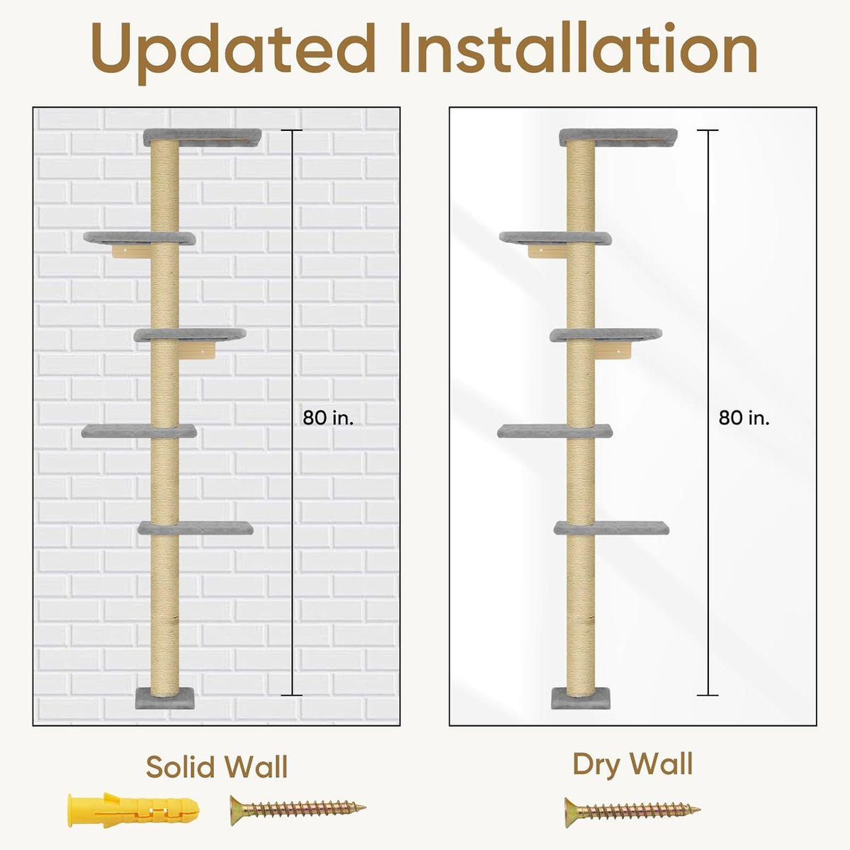 PAWSCRAT 5-Tier Wall-Mounted Cat Tree, 80-Inch Sisal Cat Post, Gray