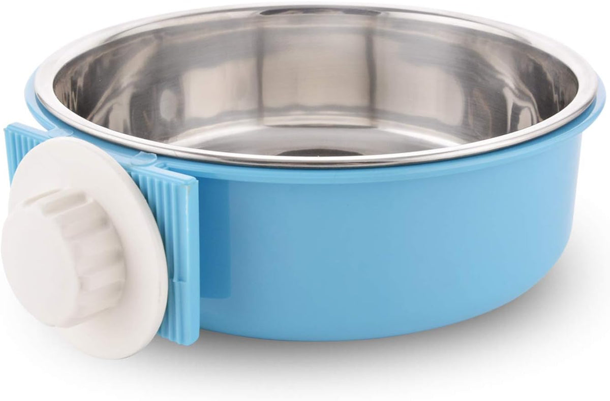 Crate Dog Bowl Removable Stainless Steel Water Food Feeder Bowls Cage Coop Cup for Cat Puppy Bird Pets (Large, Blue) 