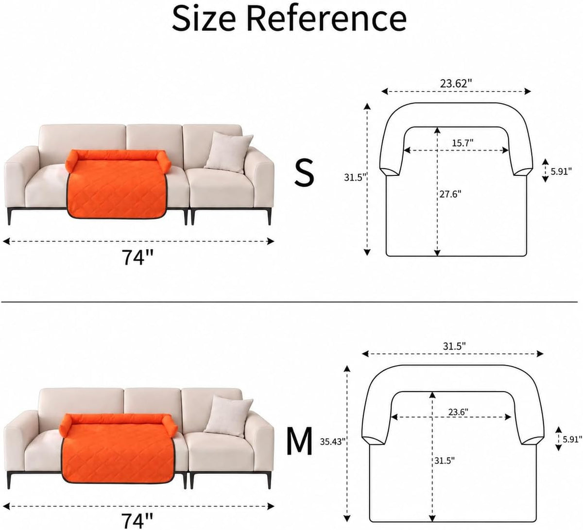 Calming Dog Couch Bed with Head Support, Waterproof Sofa Cover, Orange, M