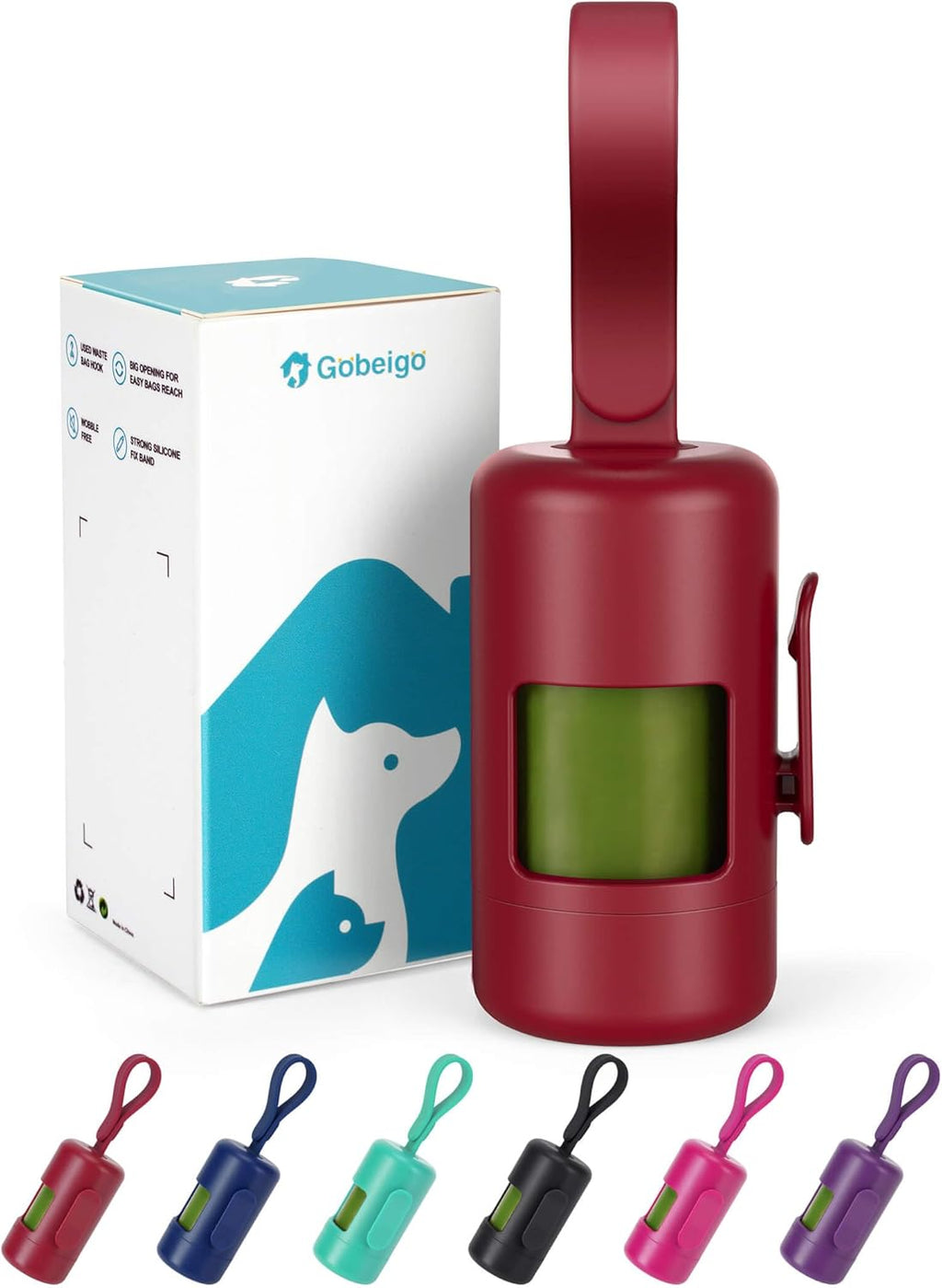 Gobeigo Dog Poop Bag Holder with Convenient Hook for Waste Bags(Red) | Silicone Strap Fits Any Leash, Large Opening for Easy Dispensing with 1 Bonus Roll of Waste Bags