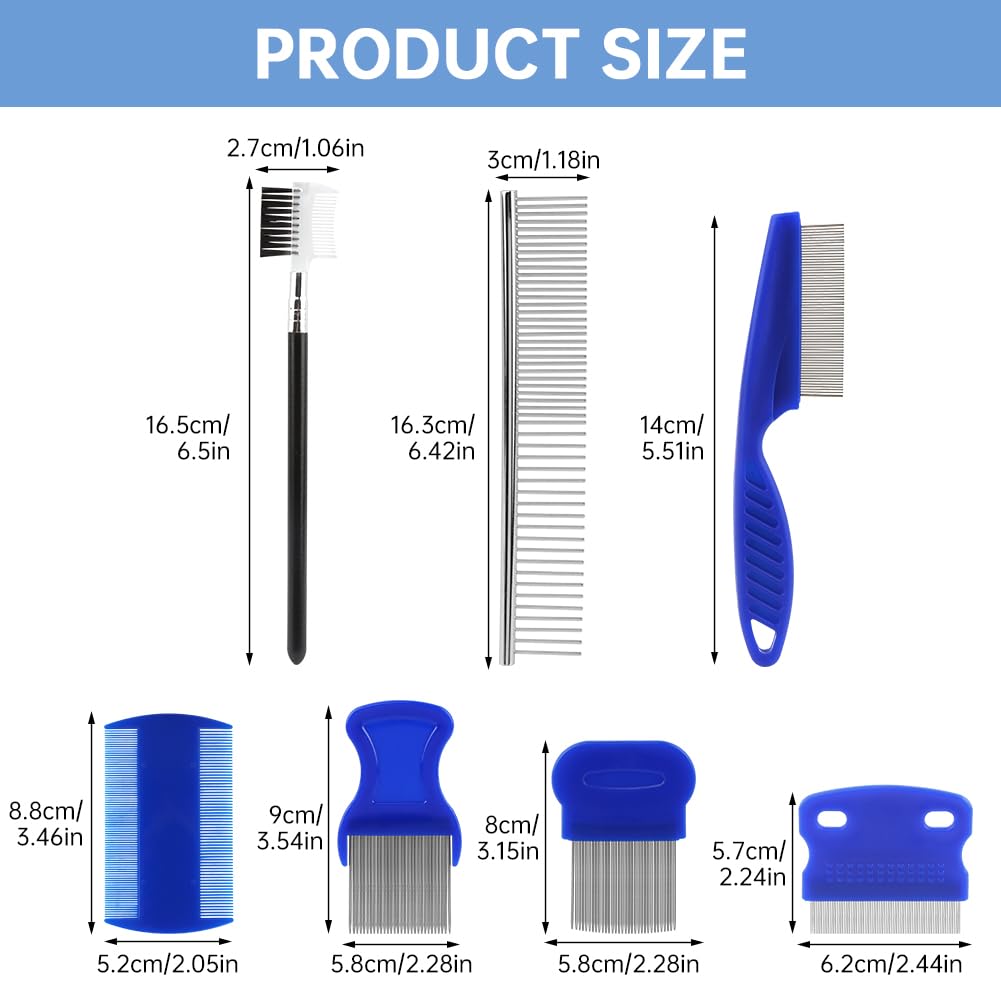 7PCS Pet Grooming Comb Set, Stainless Steel Flea Lice Tick Removal Combs