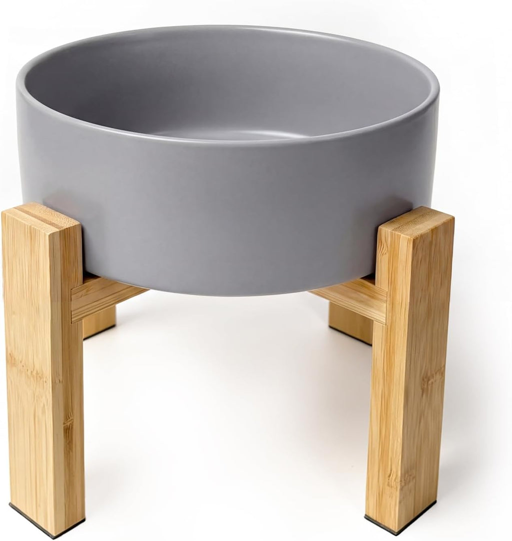 Elevated Ceramic Large Dog Bowl - Raised Dog Dish with Bamboo Stand - Heavy Weighted, No Tip Over, Comfortable Eating - 8.4" Diameter - 4.5 Cups - 68 fl oz - Grey