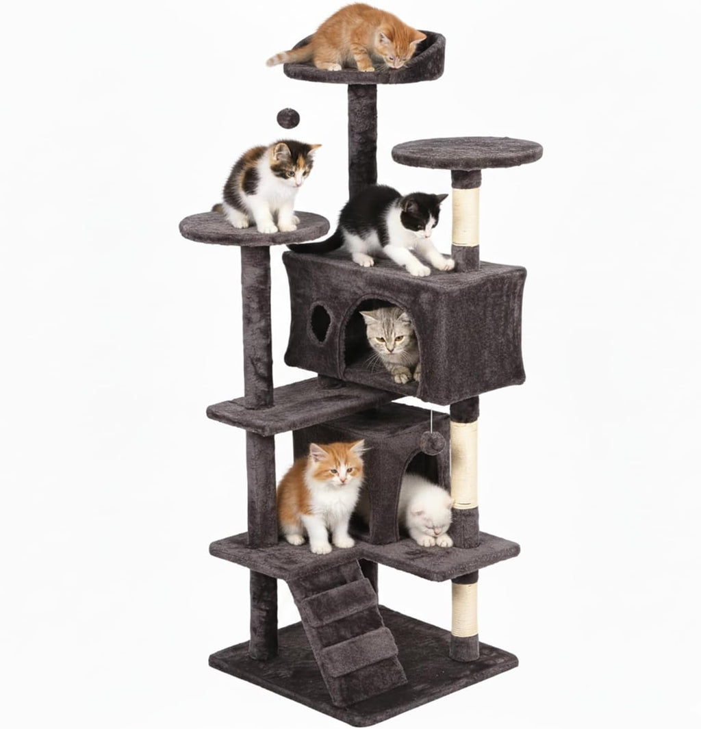FDW | 54" Cat Tree Tower | Purple Gray | Multi-Level Indoor Activity Center with Sisal Scratching Posts, Condos, Plush Perches, Hanging Cat Toys | Sturdy, Easy to Assemble | for Kittens & Adult Cats