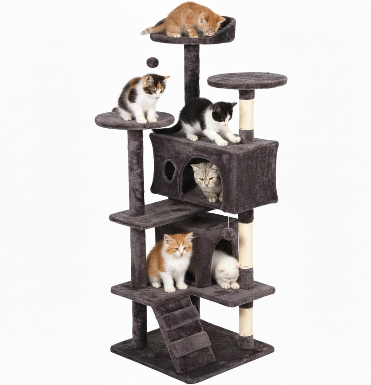 FDW | 54" Cat Tree Tower | Purple Gray | Multi-Level Indoor Activity Center with Sisal Scratching Posts, Condos, Plush Perches, Hanging Cat Toys | Sturdy, Easy to Assemble | for Kittens & Adult Cats